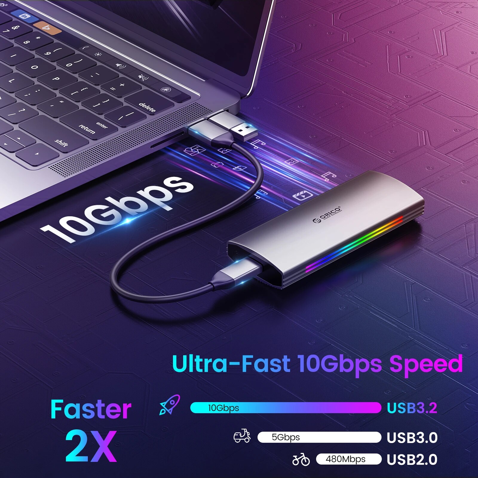 ORICO RGB 10Gbps M2 NVMe SSD Enclosure Aluminum USB3.1 Gen2 Case for M Key M&B Key Solid State Drive for Gamer Video Editing. 