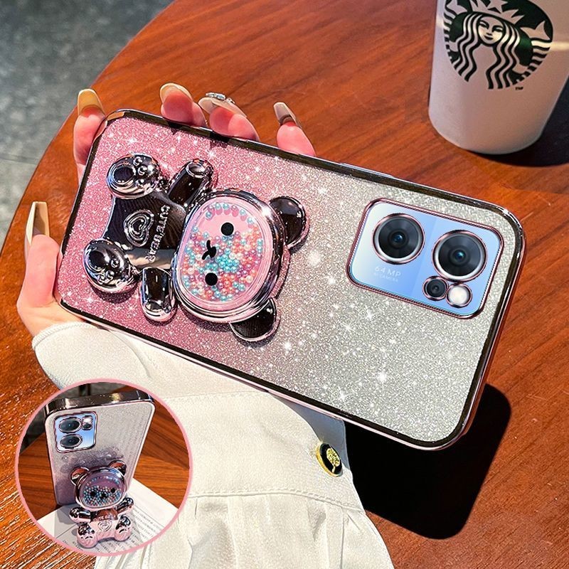 For OnePlus Nord CE 2 5G / Nord CE 2 Lite 5G Back Cover case with Gradient 3D Bear Folding Stand Bracket Luxury Slim 6D Plating Glitter Girls Phone Case Clear Soft Silicone Protective Cases Pouch