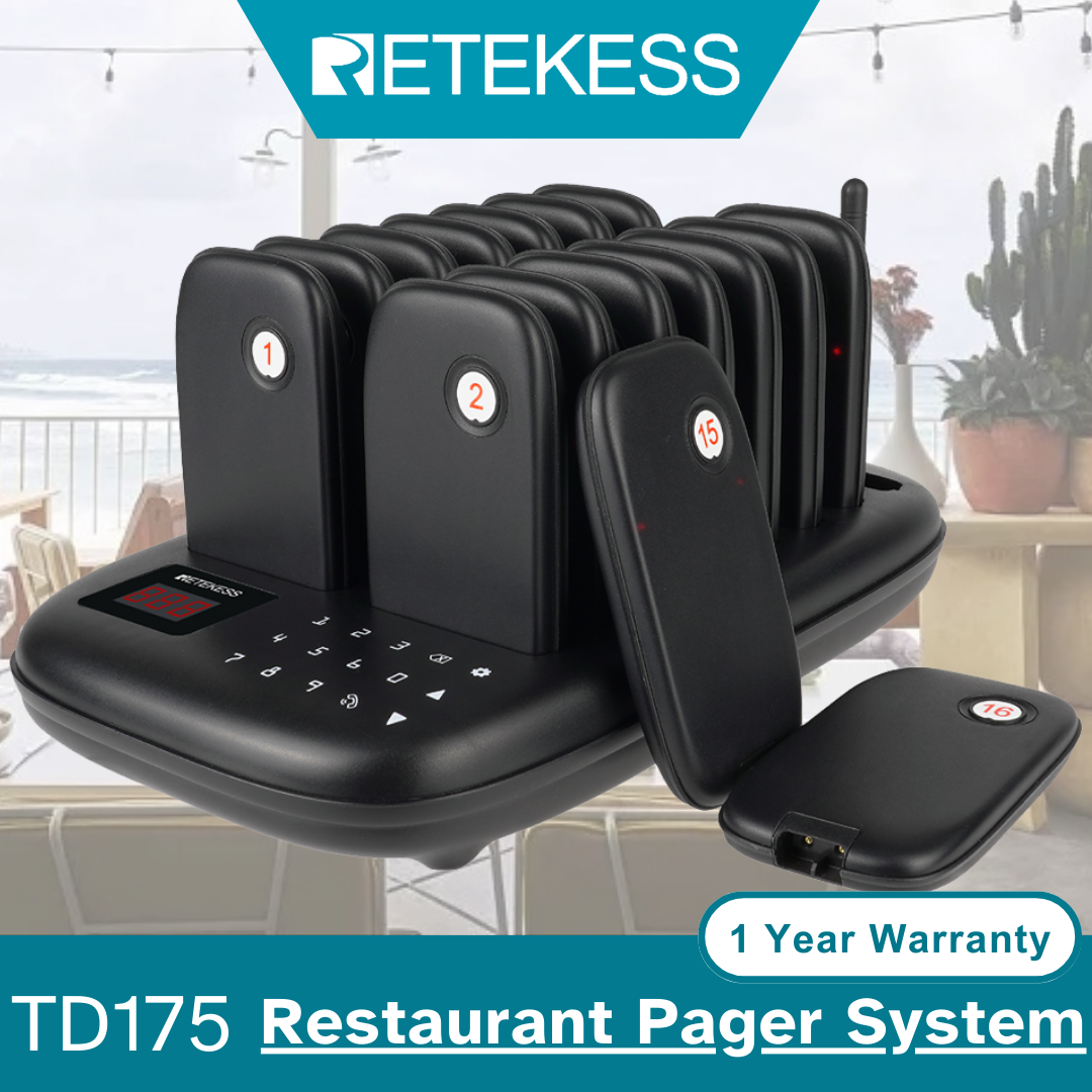 Retekess TD175 Restaurant Pager System, Wireless Calling System,Set with Vibration,Flashing and Buzzer, 1640ft Long Range, 10 Pagers for Restaurant, Church, Food Truck