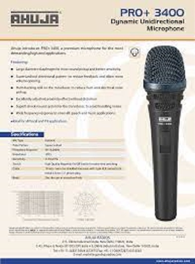 AHUJA Pro 3400 CORDED MICROPHONE FOR LIVE VOCALS, STUDIO RECORDING AND BROADCASTING AND MUSIC INSTRUMENTS. 