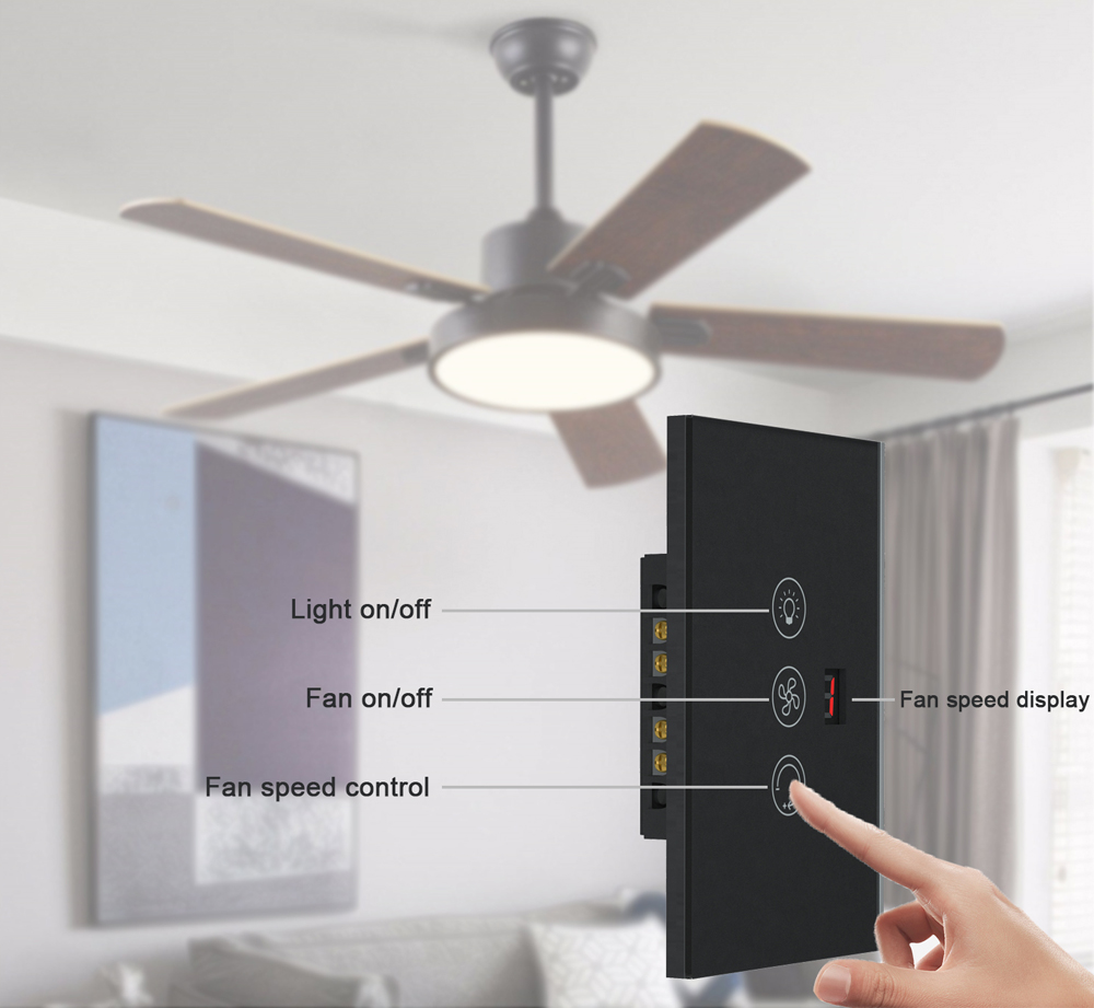 Wifi Smart Fan Light Switch with Speed Control Glass Panel Can Control Remotely Work for Tuya Alexa Google Home Smart Life. 