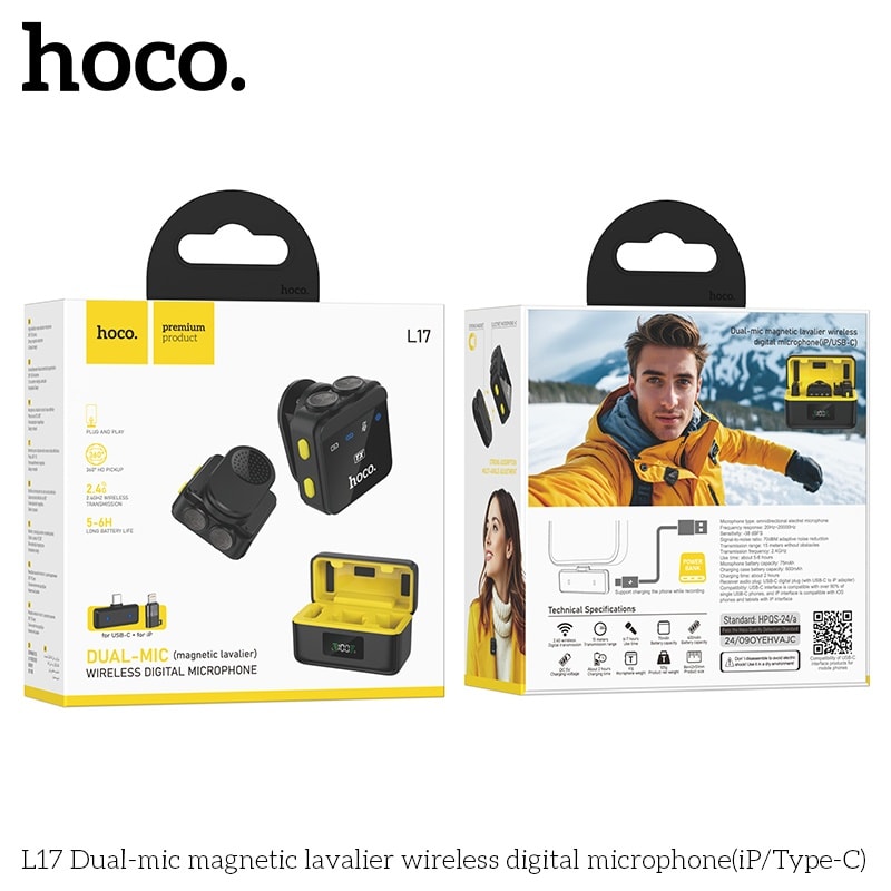 Hoco L17 wireless digital microphone dual magnetic lapel microphone (iP/Type-C). 