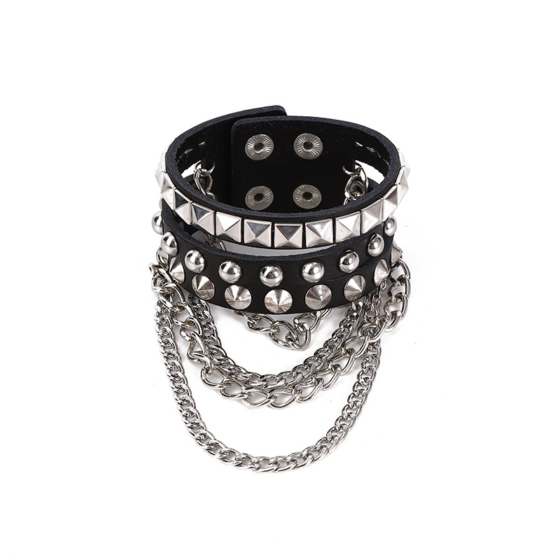 Amazon's new popular fashion bracelet for men punk hip-hop multi-layered iron chain spiked bullet braided leather bracelet
