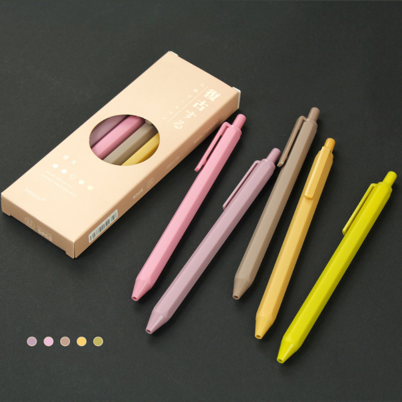 5pcs/box Click Type Hexagonal Ballpoint Pen Retro Color Ink Retractable Gel Pens for Writing Journal Marker Office School Shapewear