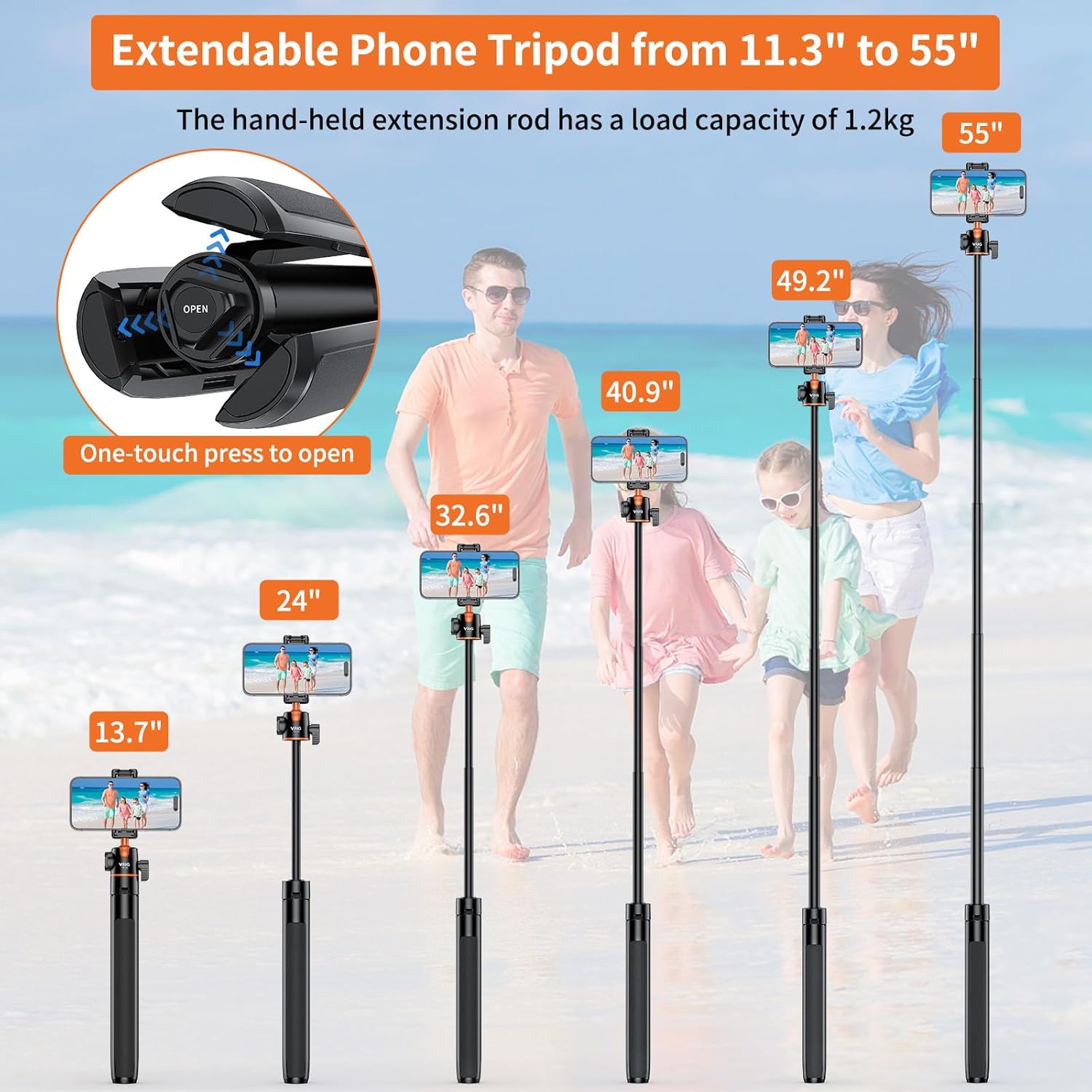 VRIG TP16 Camera Tripod, 55 inch Extendable Phone Selfie Stick Camera Tripod Stand with 2 in 1 Phone Clip, 5 Levels Adjustment 360° Ball Head Loads Up for iPhone Sony Canon GoPro. 
