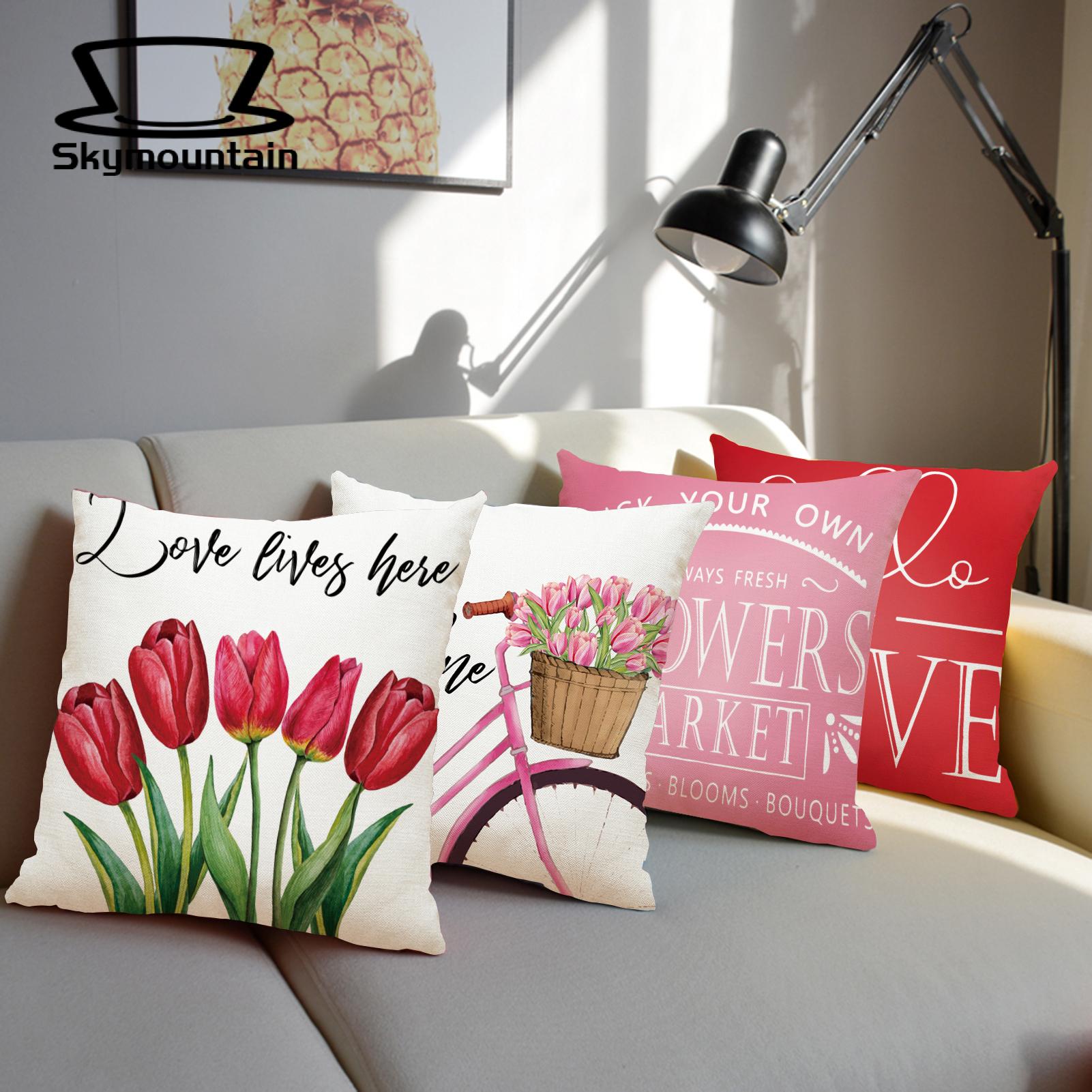 Linen Pillowcase with Hidden Zipper Valentine's Day Pillowcase Red Pink Tulips Flower Pattern Sofa Cushion Cover Home Decoration for Valentine's Day Mother's Day. 