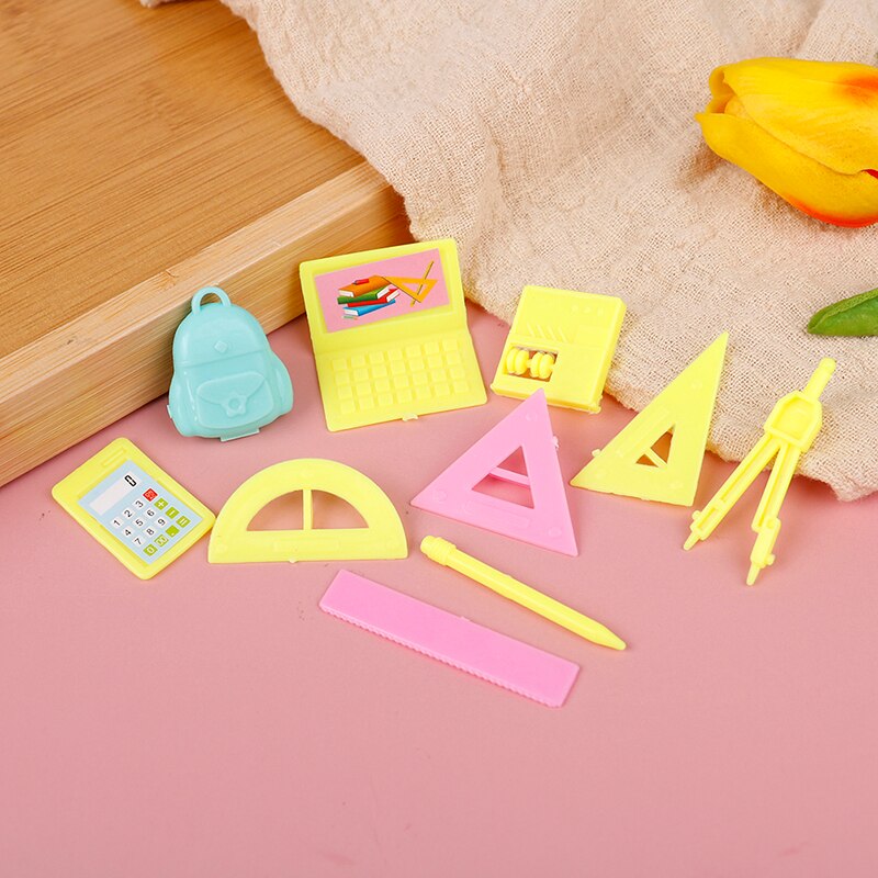 10PCS Simulation Colorful Pencil Learning Stationery Ruler Schoolbag Computer Calculator Resin DIY Accessories Dollhouse Decor. 