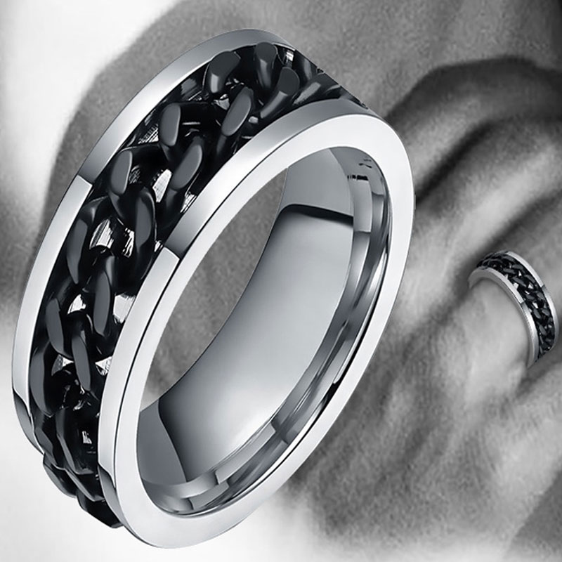 Spinner Chain Ring Men, Stainless Steel Fidget Ring ,Black/Blue/Silver Color Not Fade Reliever Stress. 