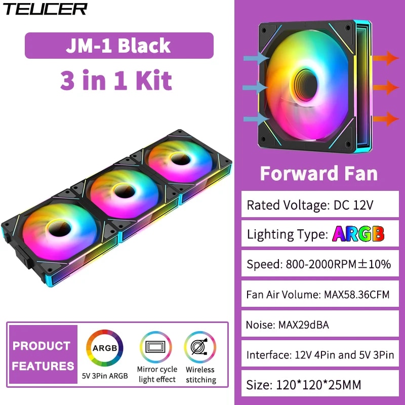 TEUCER JM-1 PC Cooling Fan ARGB Mirror Cycle Light Effect 800-2000RPM PWM Water Cooling 360mm Cooler Fan. 