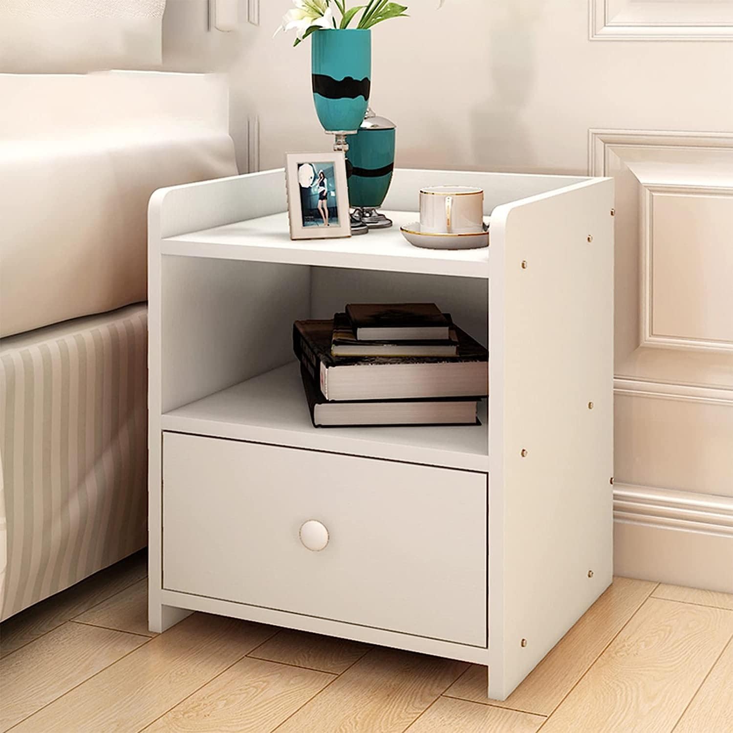 Bedside Cabinet, Bedside Tables Bedroom Bedside Table with Cupboard, Modern Bedside Cabinet with Drawer and Open Shelf, 1 Layers Of Storage Nightstand Table,18/16. 