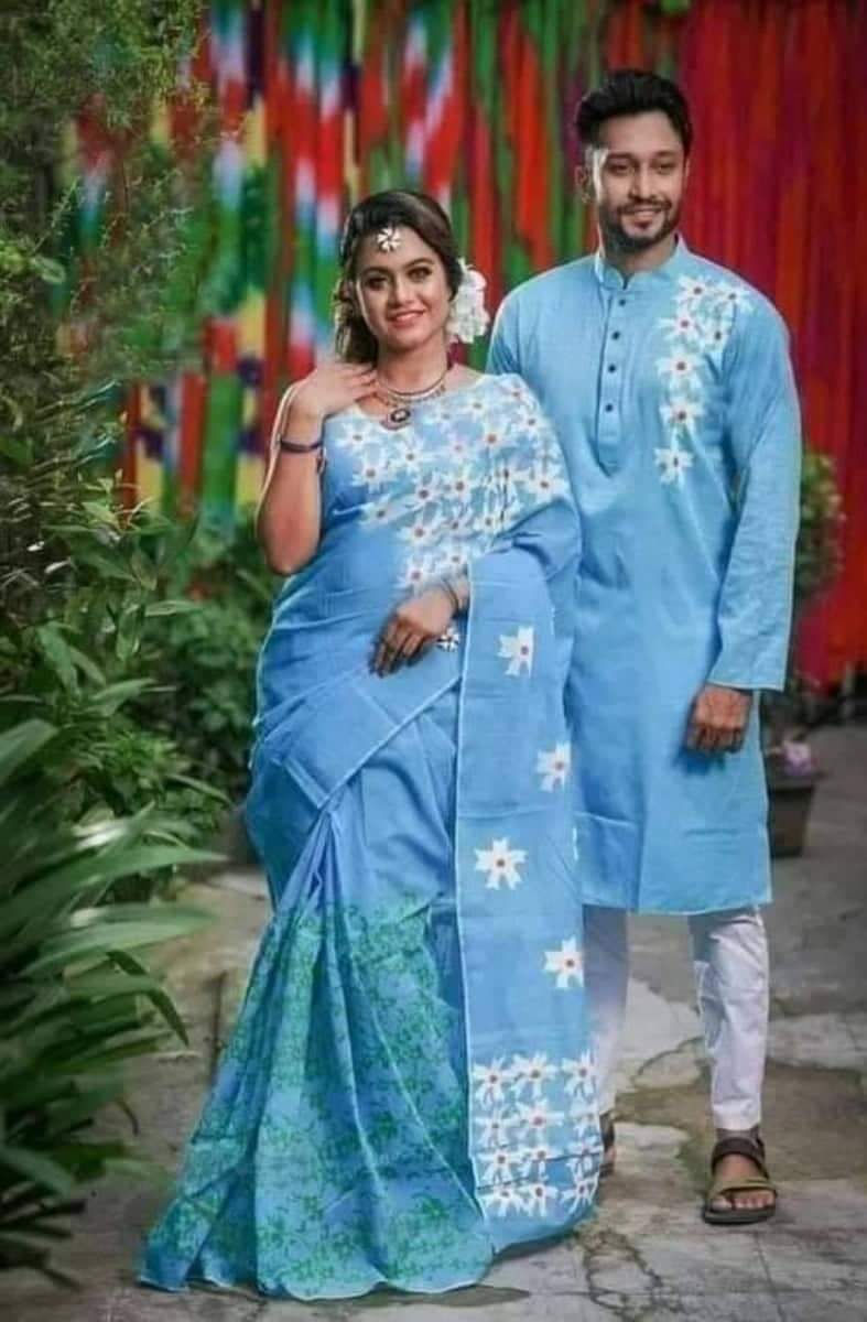 Stylish & fashionable New Matching best/Coupple Dress/For Men & Women / Saree & Panjabi/ (Combo Set))