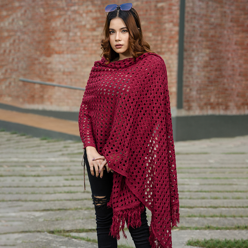 Maroon Handloom Acrylic Knit Shawl