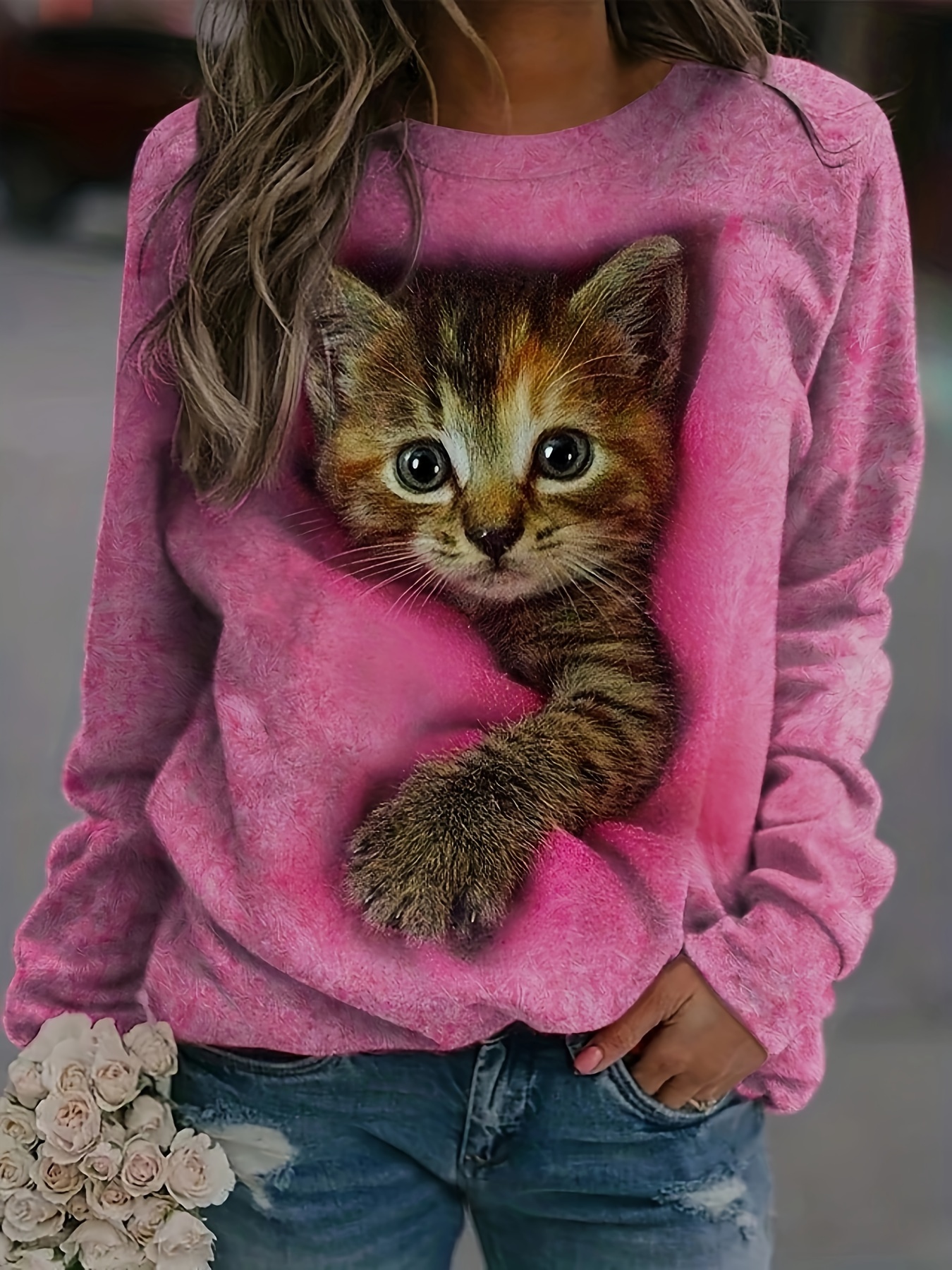 Cute Cat Sweatshirt Soft and Comfortable Long Sleeve Crew Neck