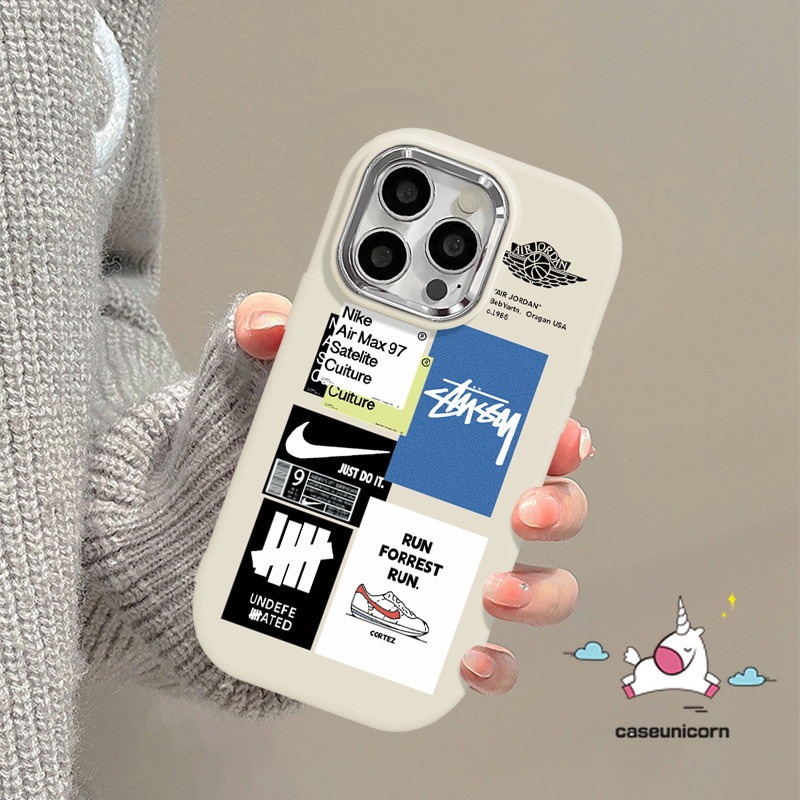 Trendy Brand Cartoon Painting Case Compatible for IPhone 7Plus XR 13 11 14 12 15 Pro Max 8 7 15 14 Plus X XS Max SE 2020 Cool Logo English Doodle Tag Luxury Plating Metal Lens Case