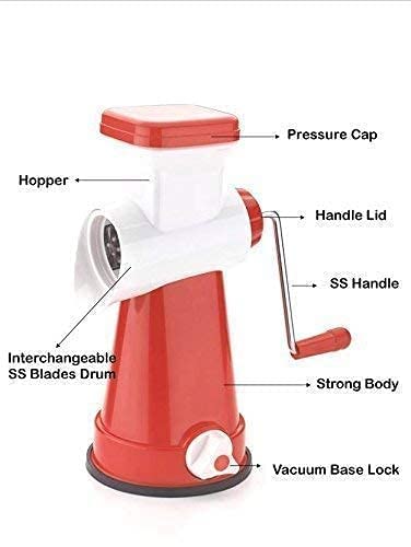 Plastic Stainless Steel 4 in 1 Multi-Functional Drum Rotary Vegetable Cutter | Shredder |Grater & Slicer | Slicer Dicer with High Speed Rotary Cylinder (Multicolor). 