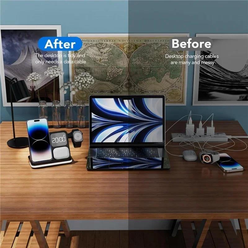 6 in 1 LED Fast Wireless Charger Stand Charging Station Clock Alarm For iPhone 15 14 13 12 11 Apple Watch 2-9 Series Airpods Pro. 