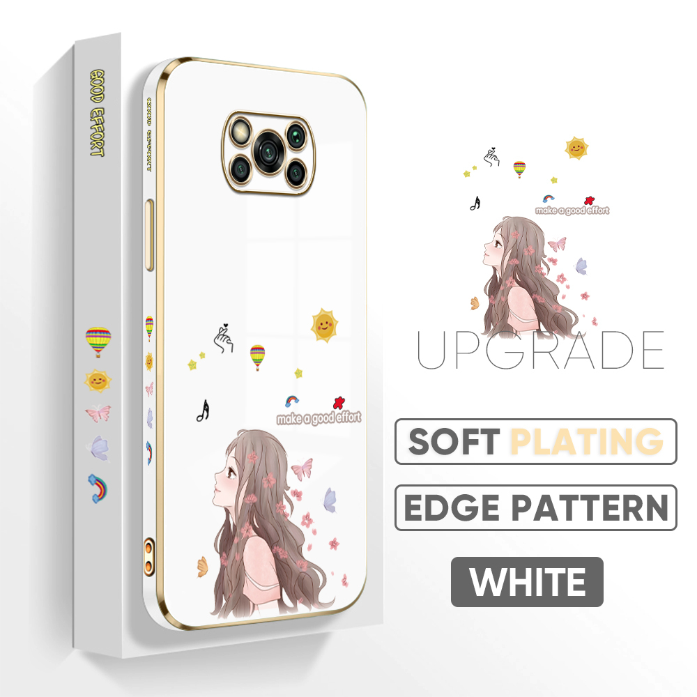 TA for Xiaomi Poco X3 / X3 Pro / X3 NFC Back Cover + Free Lanyard Charming Girl Luxury 6D Plating Case Side Pattern Soft Silicone Square Phone Cases. 