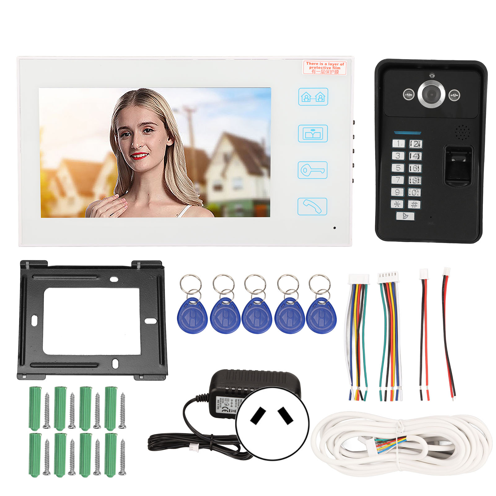 Video Intercom System 7 Inch TFT Fingerprint Identification Password Monitor Video Doorbell with Night Vision AU Plug. 