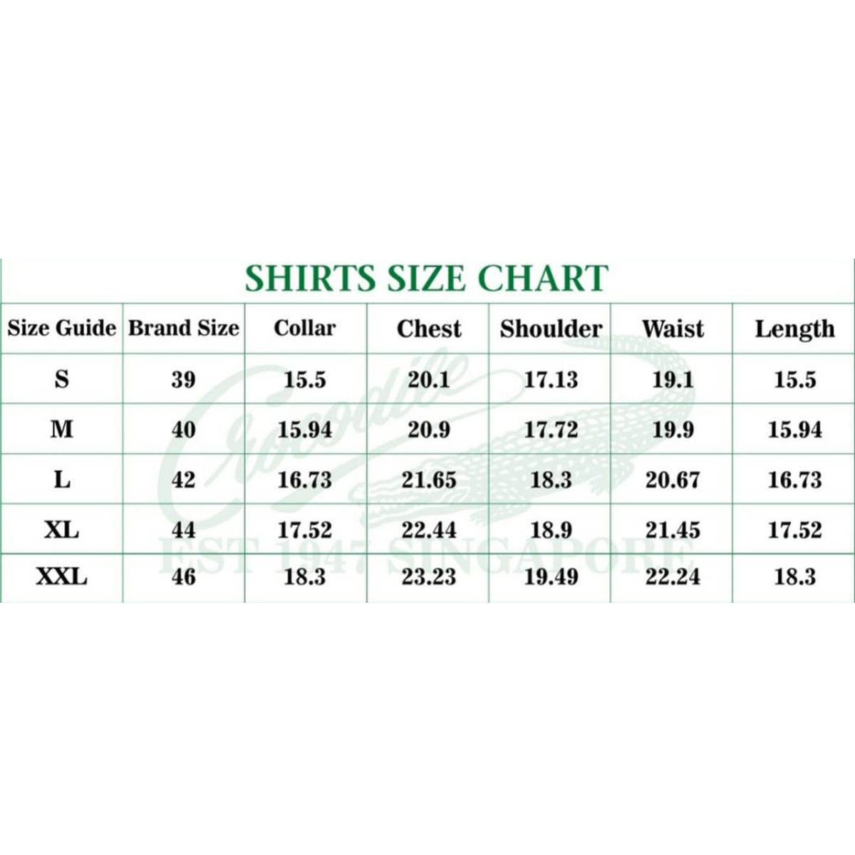 Crocodile shirt shop size chart