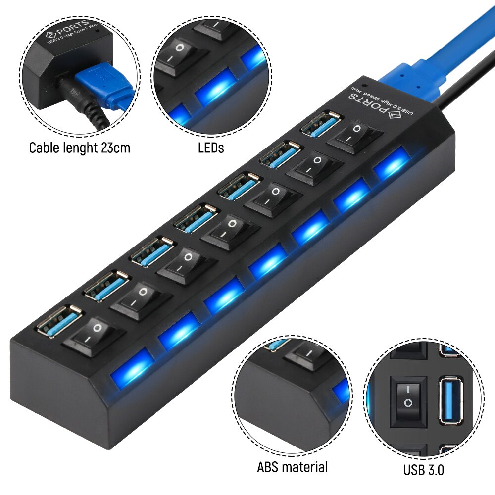 【VisioN Shop】USB HUB 3.0 4/7 Multi Port USB Splitter Power Adapter Multiple Expander For PC Laptop. 
