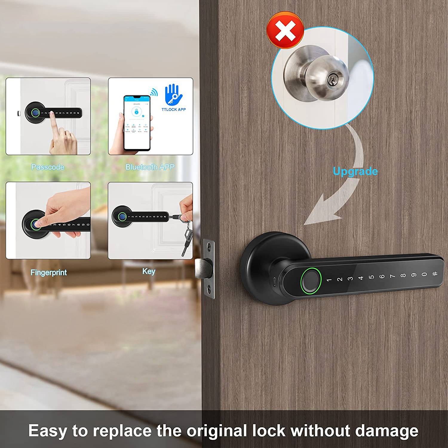 Fingerprint Door Lock with Bluetooth for TTLock Electronic Lock with Biometrics Fingerprint/Password/Key/App Unlock. 