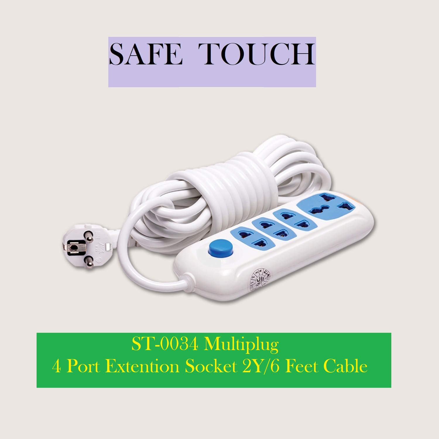 SAFE TOUCH ST-0034 Multiplug 4 Port Extention Socket White Multi Plug. 