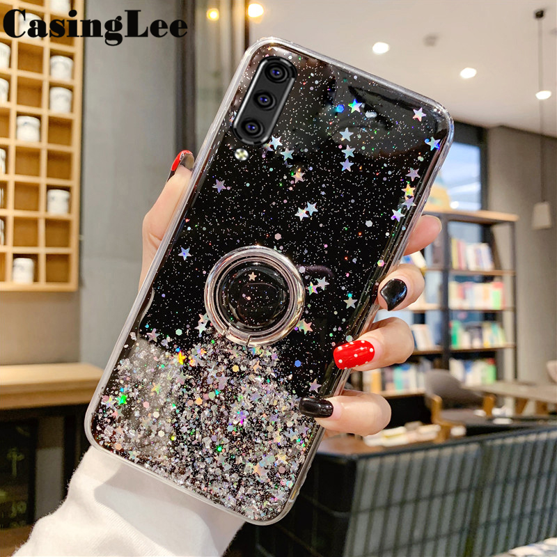 Casinglee for Samsung Galaxy A70 case Shiny Ring Glitter Soft Transparent Holder Stand Back cover with String for Samsung A70 Phone cases cover Stars Moon Girls. 
