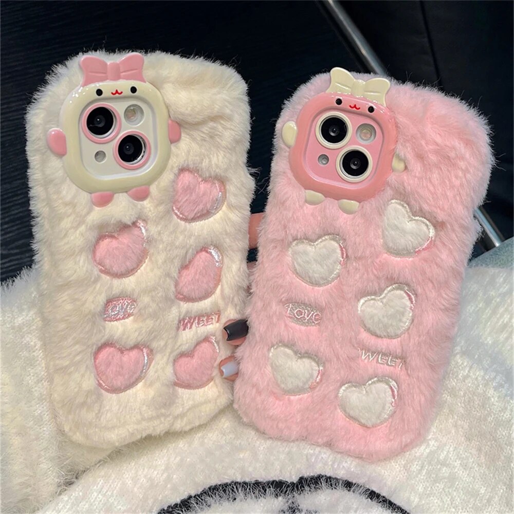 Korean Warm Winter 3D Cartoon Cute Plush Love Heart Soft Case For IPhone 14 Pro Max 15 Pro Max 13 12 11 Shockproof Back Cover. 