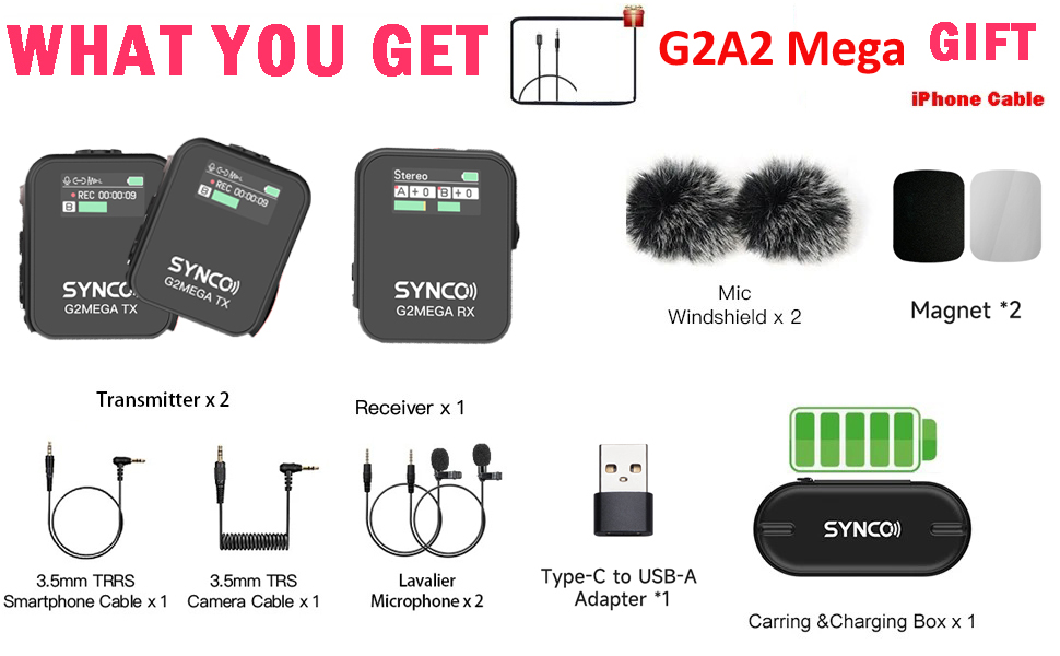 SYNCO G2A2 G2A2 Pro G2 A2 Max G2 A2 Mega Wireless Lavalier Microphone with Charging Case for Smartphone Camera Vlogging Streamin. 