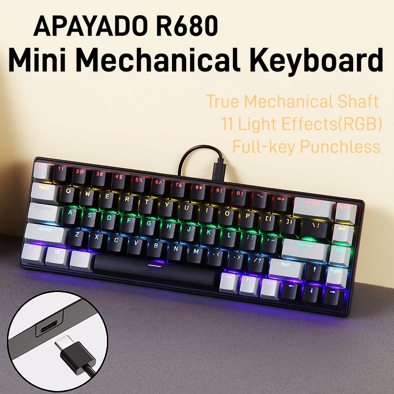 R680 Mechanical Keyboard Gaming Wired,APAYADO 68-Key Layout Mini Mechanical Keyboard,Full-key Punchless,11 RGB Light Effects