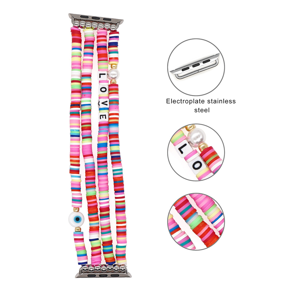 Beaded Bracelet Compatible For Iwatch Boho Style Colored Soft Pottery Stack Handmade Elastic Watch Strap. 