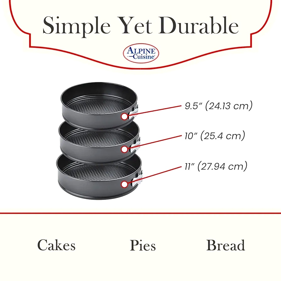 Spring Form Cake Mold 3pc Set (9.5in,10in,11in) - Carbon Steel Removable Bottom Bakeware Set - Multipurpose Use Baking Pans. 