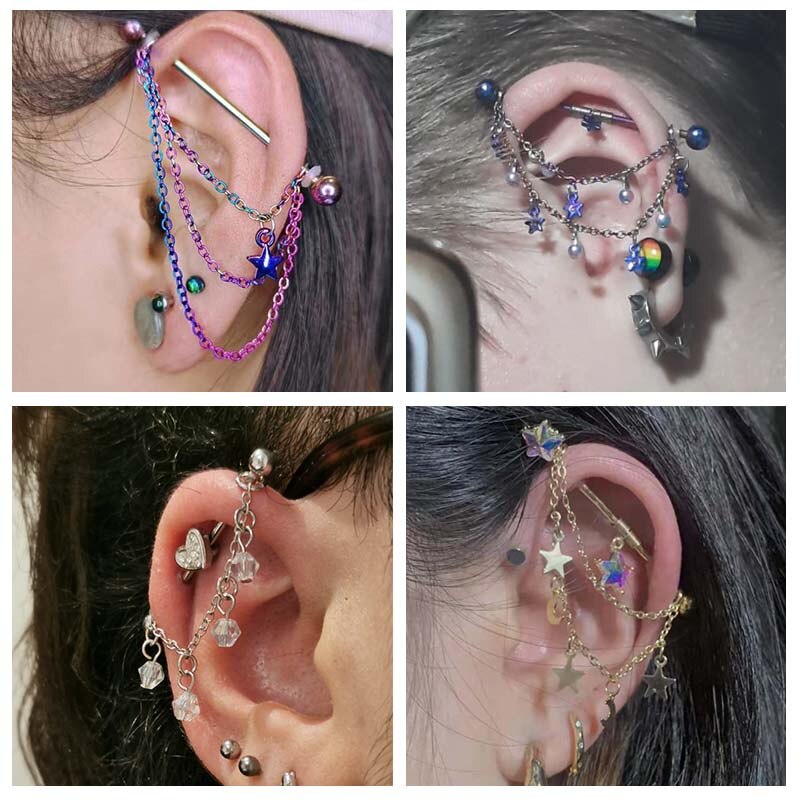 AOJ 14G Industrial Barbell Piercing Gold Plated Drop Earring Chain Stainless Steel Ear Decoration Earring Pearl Opal Star Women. 