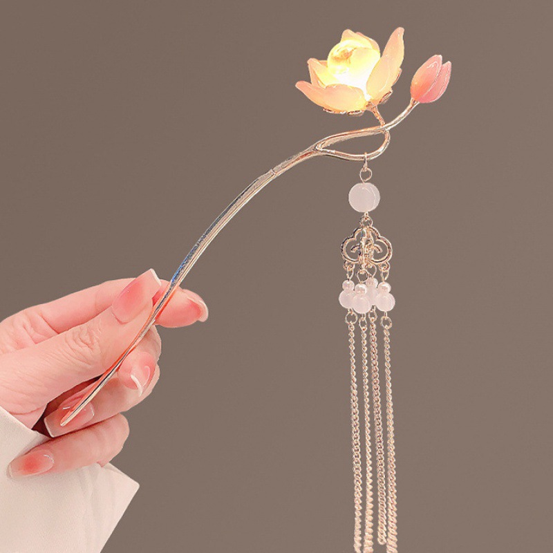 Glowing Lotus GD Hairpin Female Ancient Style Han Chinese Clothing Cheongsam Hairpin Lotus Hair Clasp Super Fairy Updo Pin. 