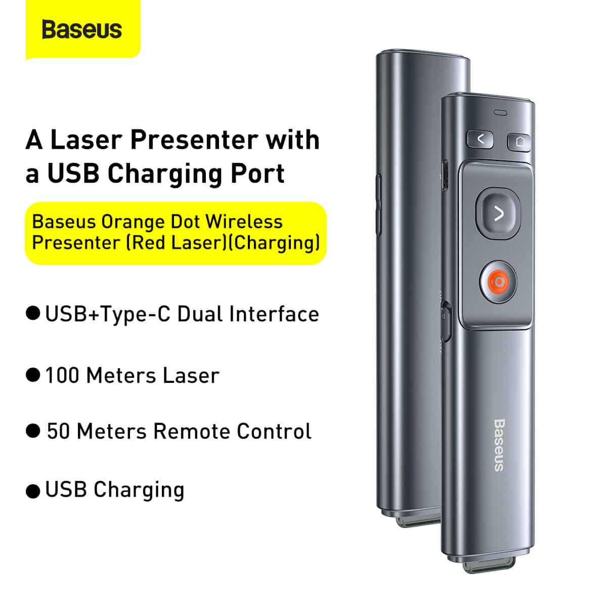Baseus Orange Dot Wireless Presenter Red Laser Charging Version Gray Model WKCD000013. 
