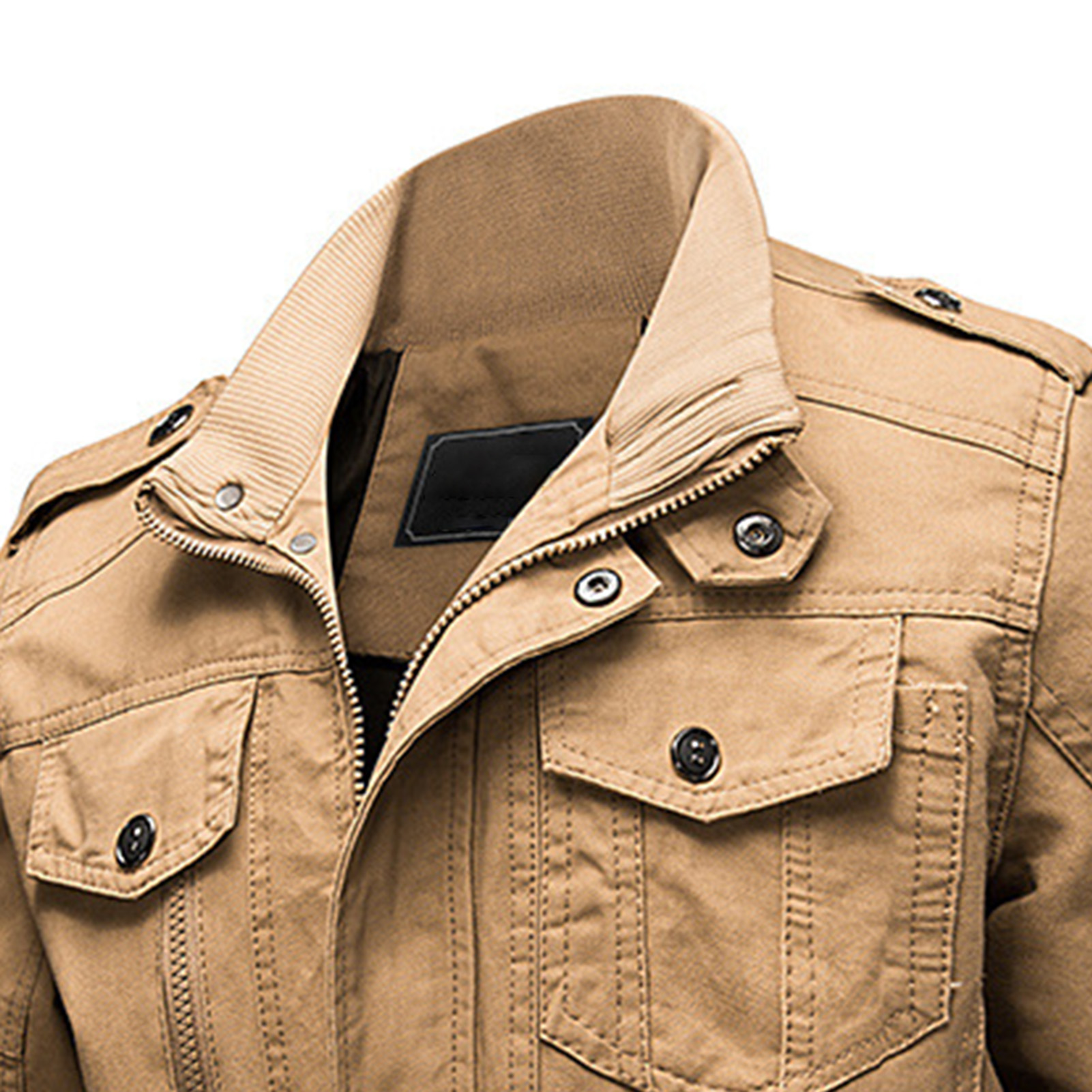 Bomber Jacket Ribbing Bottom Zipper Buttons Decoration Coat. 