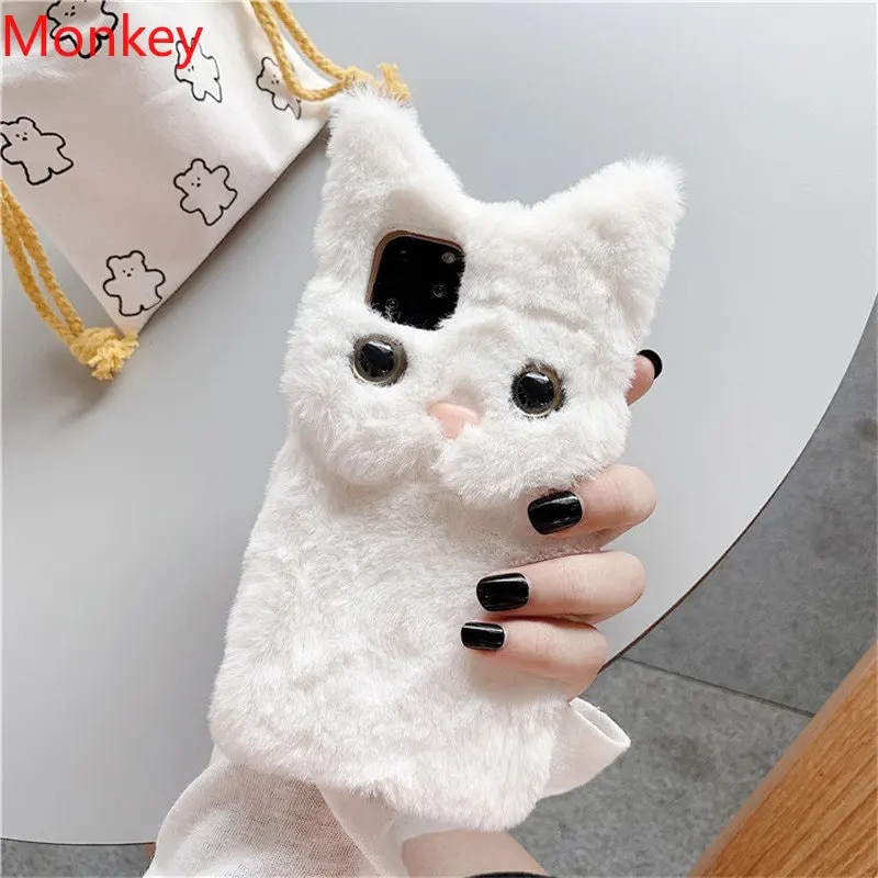 3D Cute Plush Cat Case iphone 13 pro For iPhone 11 12 14 15 Pro Max X XS XR 6 7 8 Plus SE 2 Furry Fluffy Fur Soft Silicone Cover. 