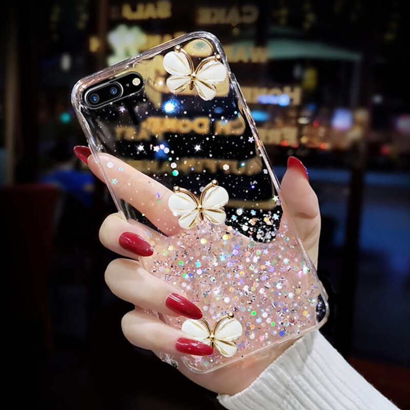 For 8 Plus/7 Plus back cover luxury 3D shiny rhinestone butterfly glitter sequins starry girl case clear soft TPU silicone protective mobile phone case. 