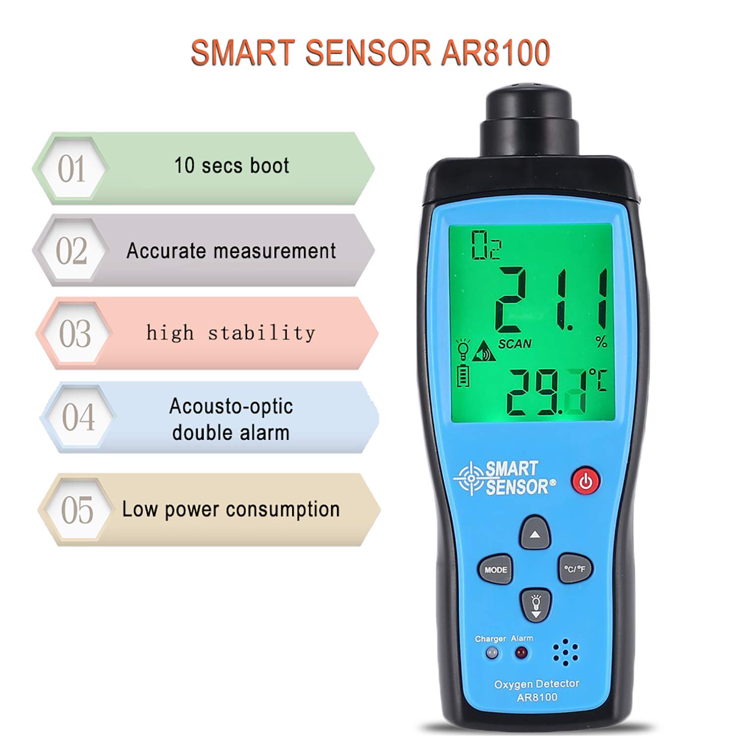 Portable O2 Air Detector AR8100 Alarm Oxygen concentration Measuring Instrument Meter. 