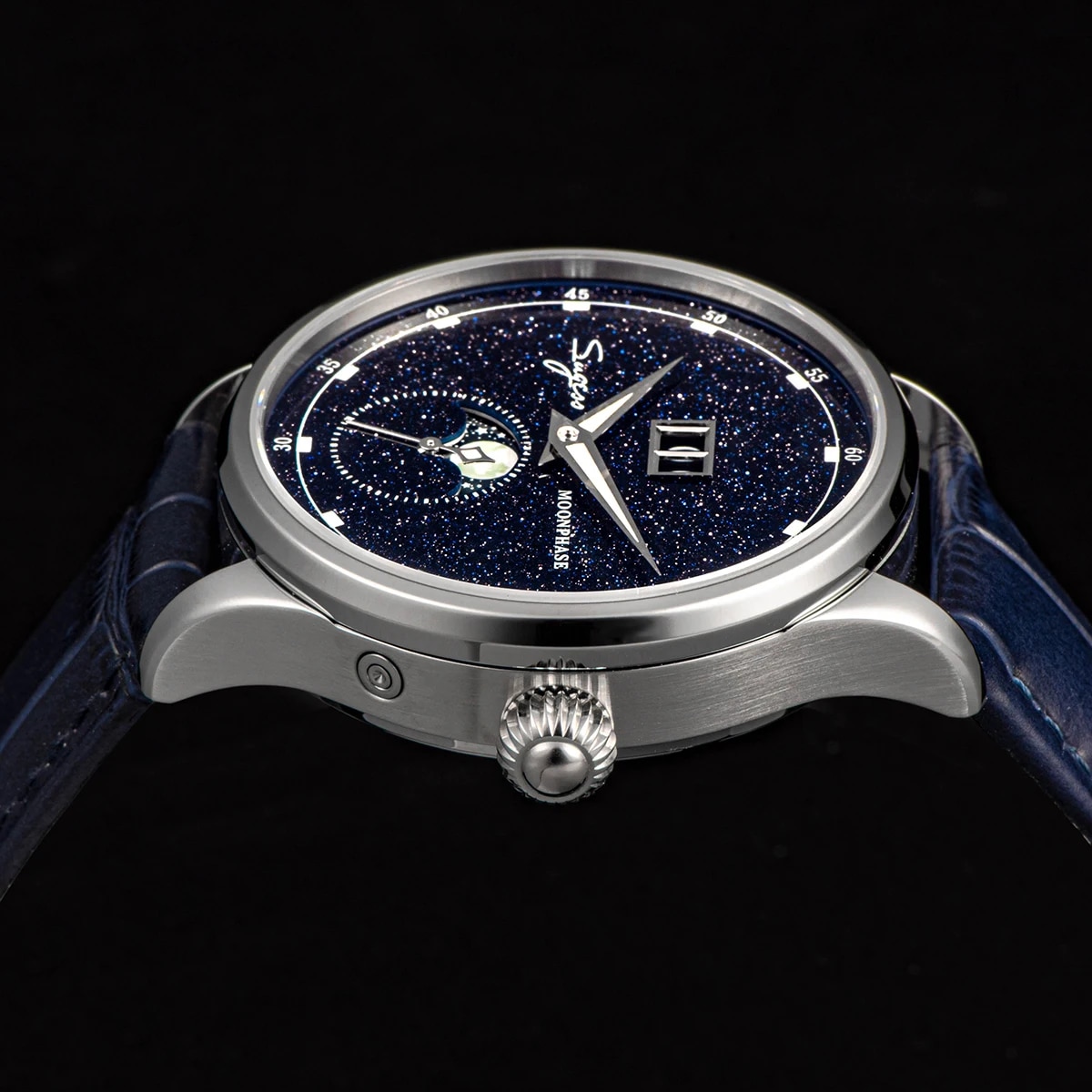 Sugess Moonphase Watch of Men 40mm Automatic Mechanical Wristwatches Seagul ST2528 Movement Stainless Steel Blue Sandstone Dial. 