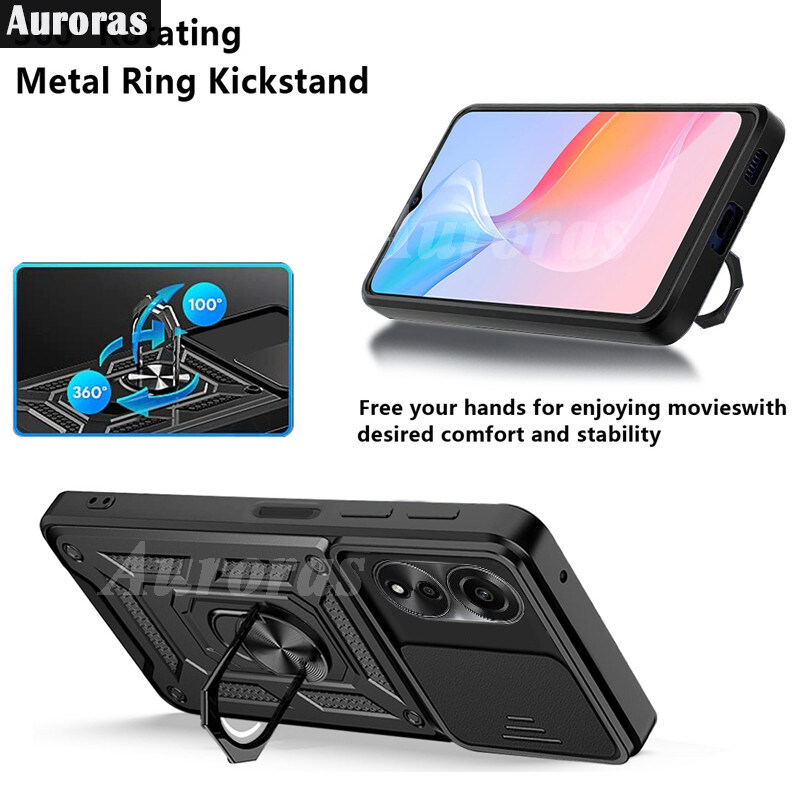 HONLEN Custodia Per OPPO A18 E A38 (6.56'') – Cover Rigida Con Anello Kickstand E Base Magnetica Per Auto – Protezione Fotocamera Scorrevole – Blu