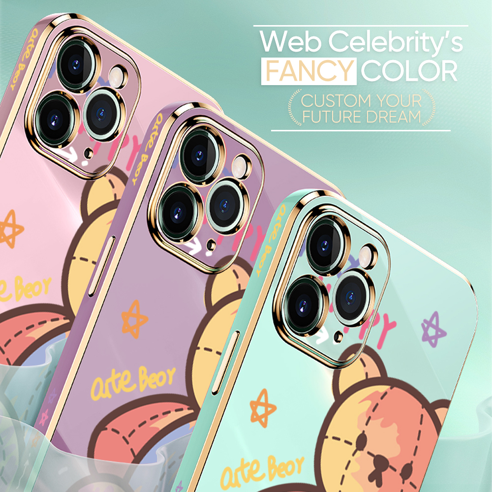 Luxury 6D Plating Case for iPhone 8 Color Cartoon Doll Bear Side Pattern Back Cover Soft Silicone Square Frame Shiny Bling Phone Cases + Free Lanyard. 