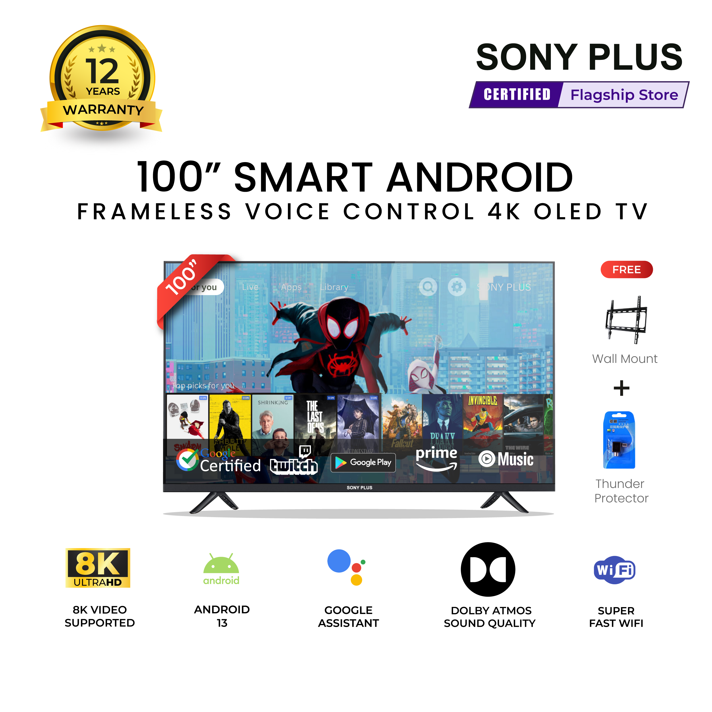 Sony Plus 100 inch Frameless Voice Control Smart QLED TV Wi-Fi UHD 8K Supported Android Television