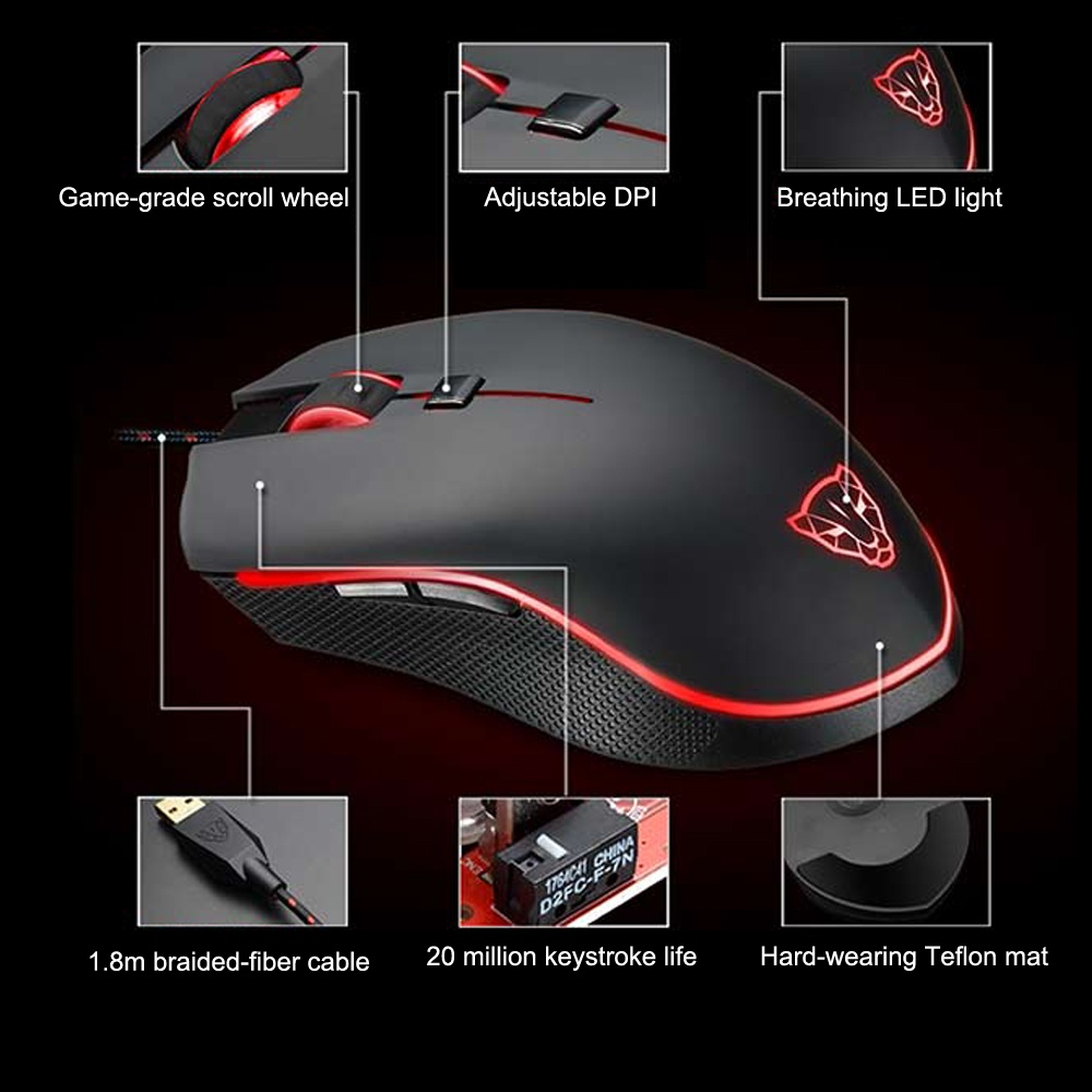 Motospeed V40 Ergonomic Optical Professional Esport Gaming Mouse Mice Adjustable 4000 DPI Breathing LED Light USB Wired with 6 Buttons for Mac Laptop PC Computer. 