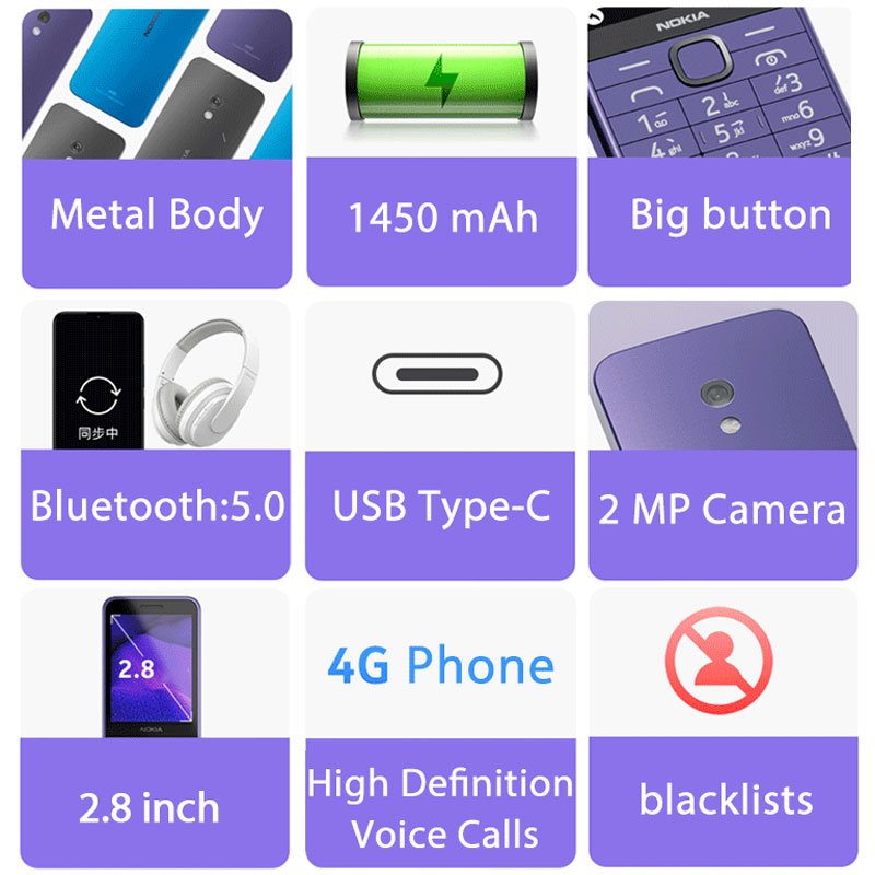 Nokia 235 4G Feature Phone Bluetooth 5.0 FM Radio Dual SIM 2MP Camera 1450mAh Bettery Type-C Port Mobile Phone. 