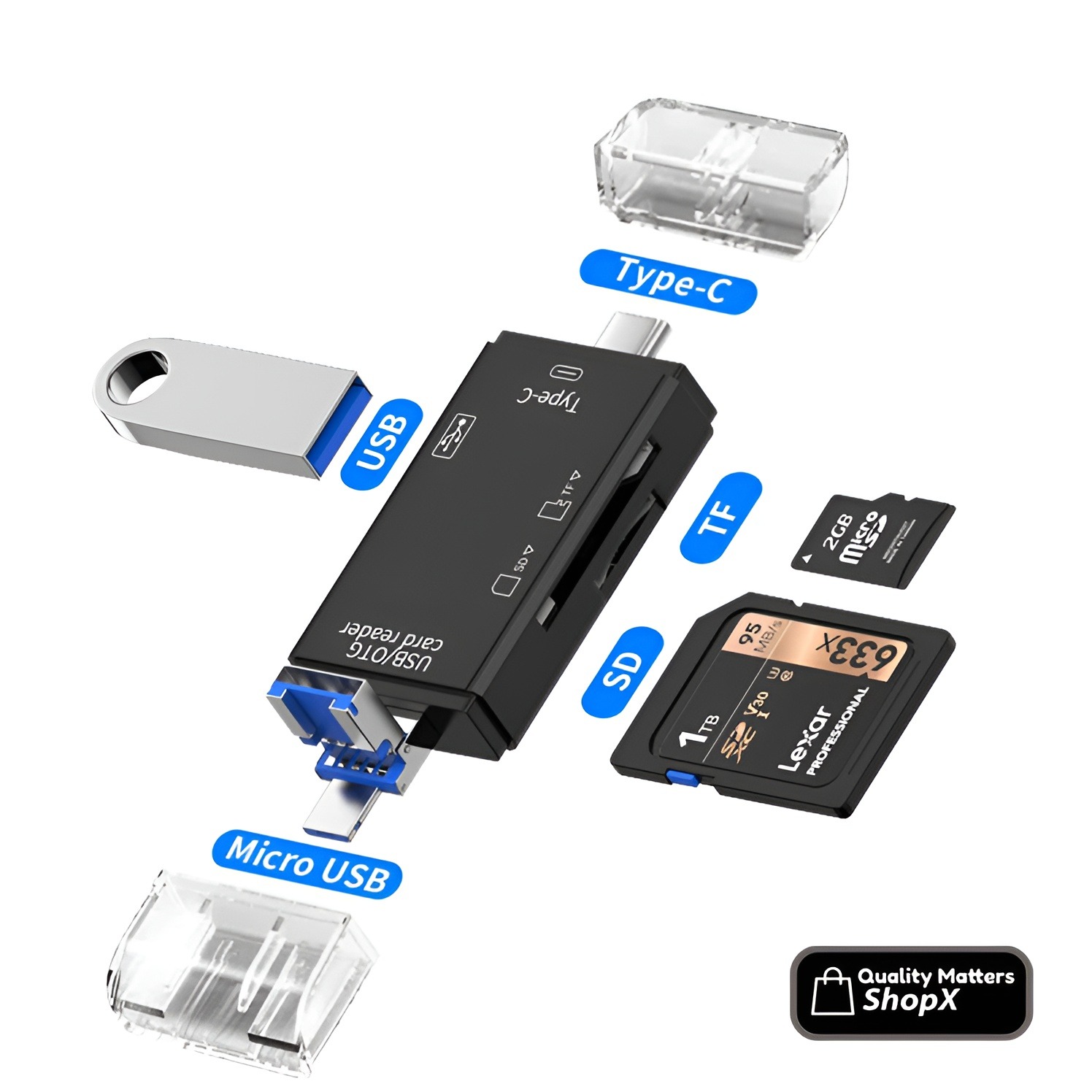 SPX OTG 6 in 1 Card Reader USB 2.0 All in One Card Reader for SD/TF Card/Type C/microUSB/USB
