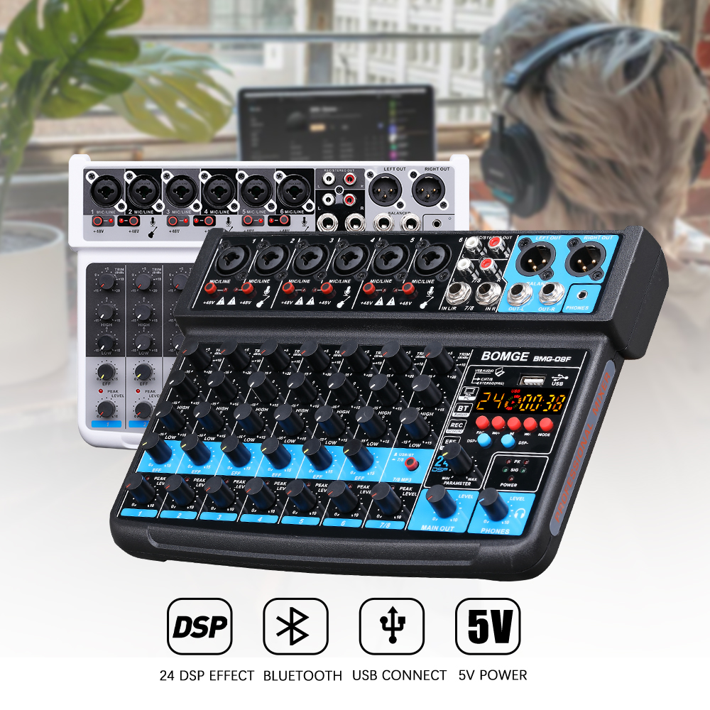 BOMGE 8 channel mini audio mixer  Line Mixer ，DC 5V，with MP3 Player,Bluetooth, U disk 48V ,24DSP  effects, USB recording  Ideal for Small Clubs or Bars, Studio Recording. 