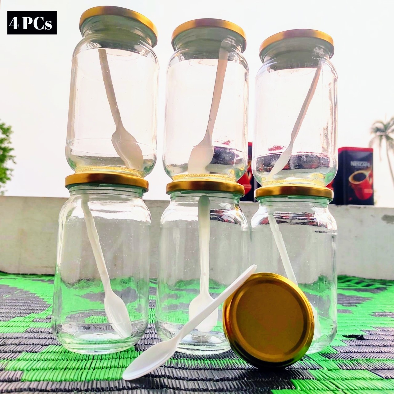04 Pcs Glass Jar for Kitchen & Dining. Glassware Food container with new steel cap 500ml