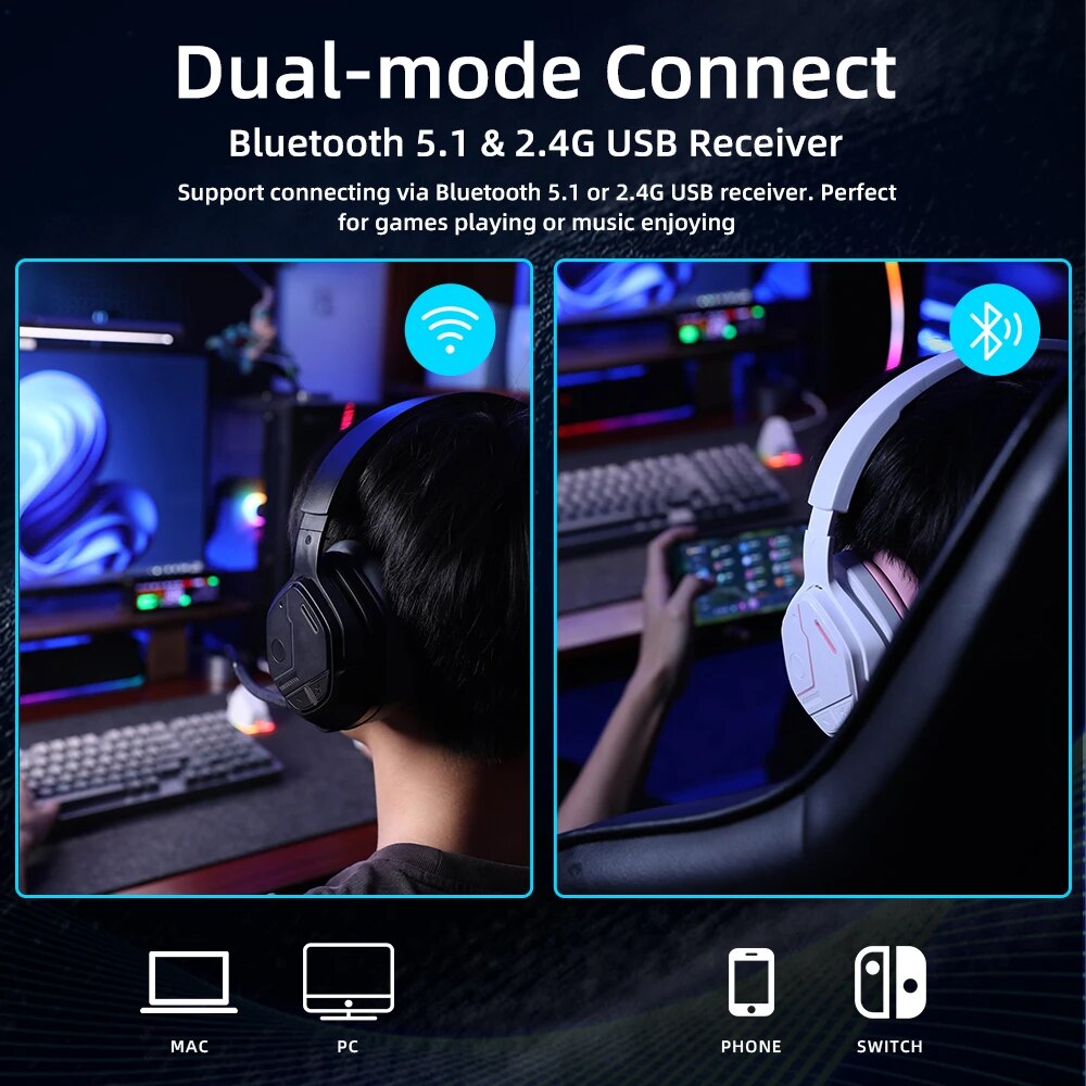 DAREU Dual-mode Wireless BT5.1 ENC Microphone Gaming Headset 7.1 Surround Sound 50mm Driver Over-ear Earphone for PS4 / XBOX. 