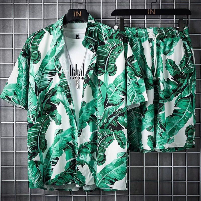 Hawaiian Style Beach Pants Men's Loose Quick-Dry Casual Suit Printed Shirt Shorts Couple plus Size Set. 